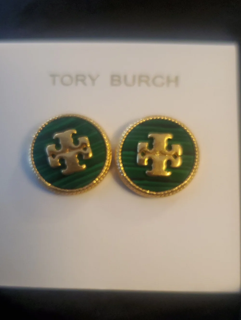 Tory Burch Green Enamel and Gold Logo Button Earrings